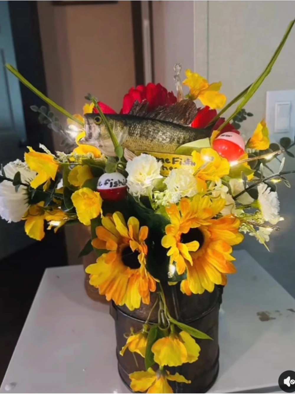 Hand Crafted Yellow and Red Fish-Themed Floral Arrangement